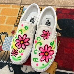 Vans White and Pink Floral Slip-On Sneakers